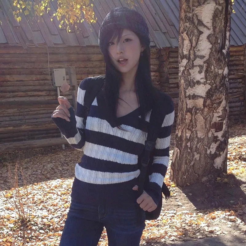 Cathy Dollette Japanese V-neck Striped Sweater Vintage Harajuku Knit Slim Pullovers Korean Style Winter Knitwear 2000s s