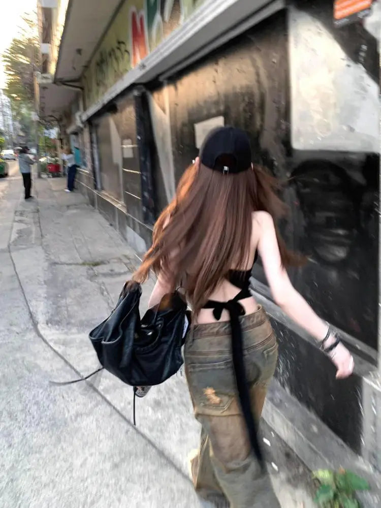 Cathy Dollette Backless Halter TopSexy 2000s Clothes Sleeveless Tees Summer Top Tank TopBlack Chic Slim Tanks