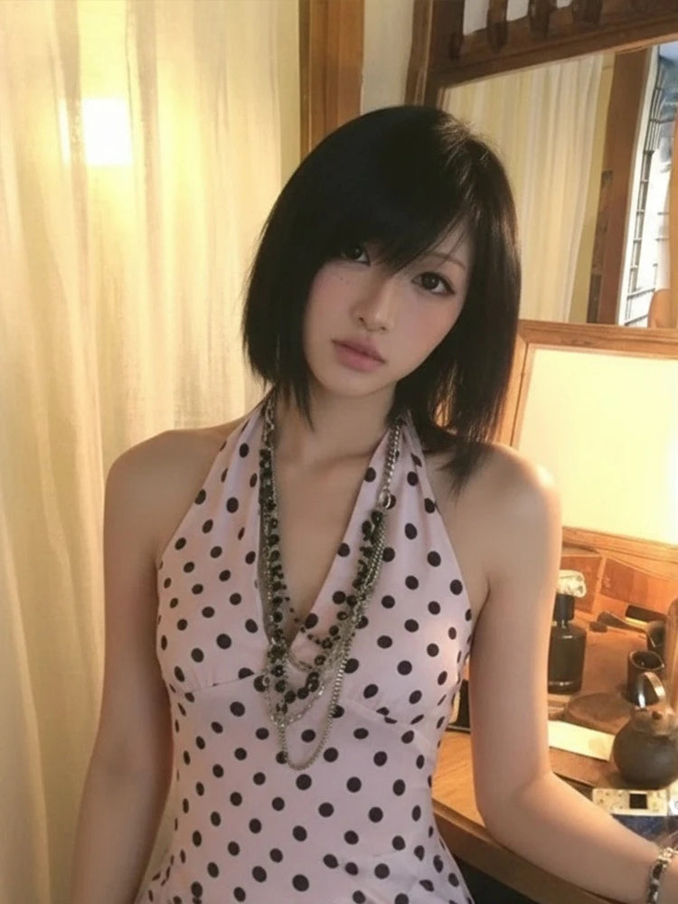 Cathy Dollette Fairycore Tank Top Polka Dot Lace Up Camis Japanese 2000s Sleeveless Tee TopV-neck Streetwear Crop Tops