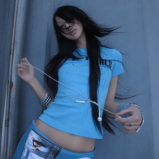 Cathy Dollette Baby Blue Fitted Short Sleeve Crop Tee