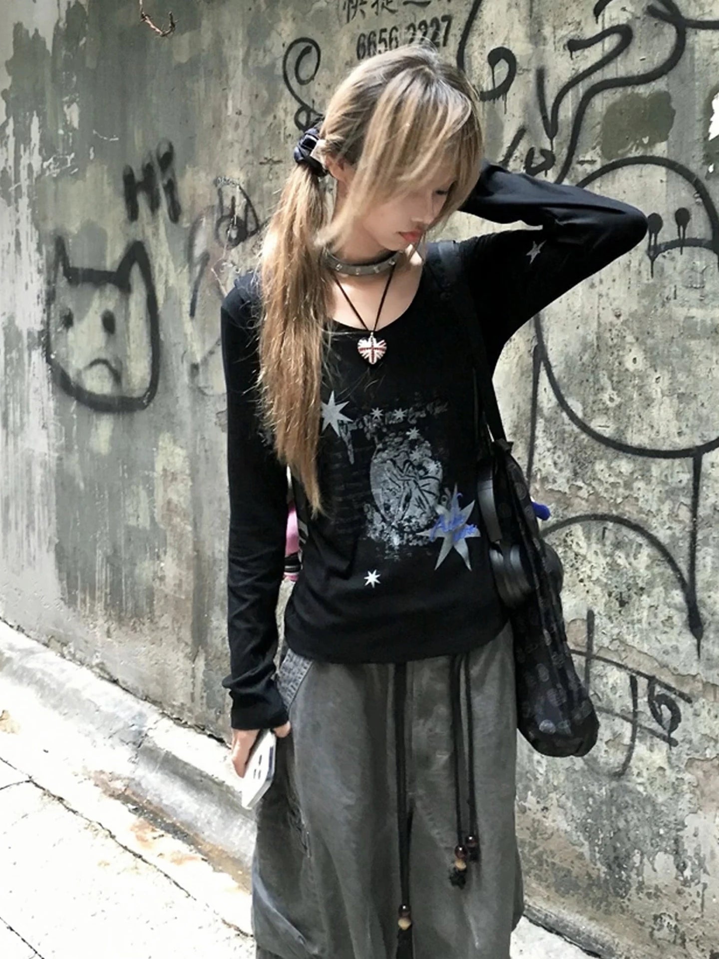 Cathy Dollette Long Sleeve Black Print Japanese 2000s Top