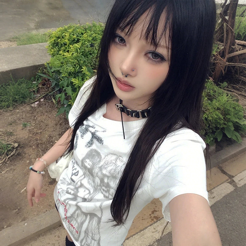 Cathy Dollette Japanese Anime Print Vintage Harajuku Short Sleeve Tee Shirt 2000s s Streetwear American Retro 90s