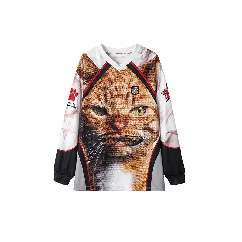Cathy Dollette Japanese Kitten Print Jersey Vintage Harajuku V-neck Long Sleeve Cat TopAmerican Retro Streetwear 2000s