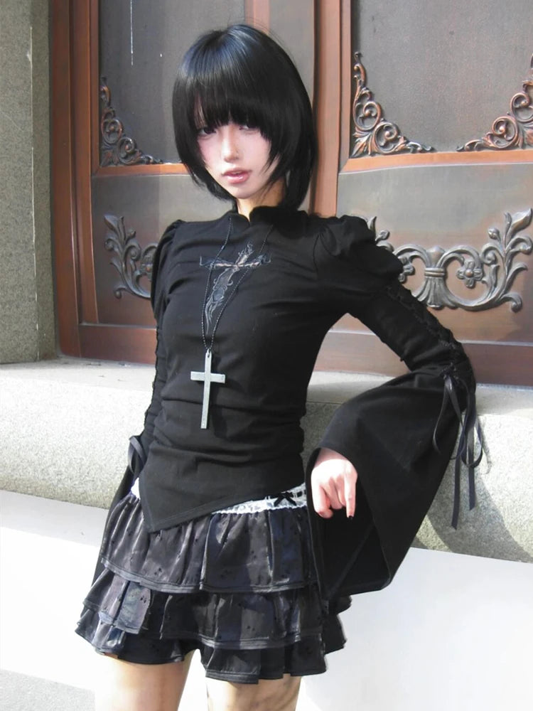 Cathy Dollette Black Gothic Hollow Out Cross T Shirt Long Sleeve Streetwear Slim Flare Sleeve Spring Top2000s Clothes Tees