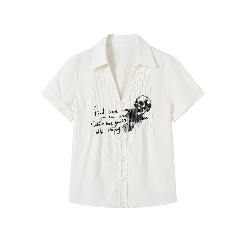 Cathy Dollette s Pleated Shirt Grunge Gothic Skull Print White Shirts Trashy 2000s Style V-neck Blouses Japanese Harajuku
