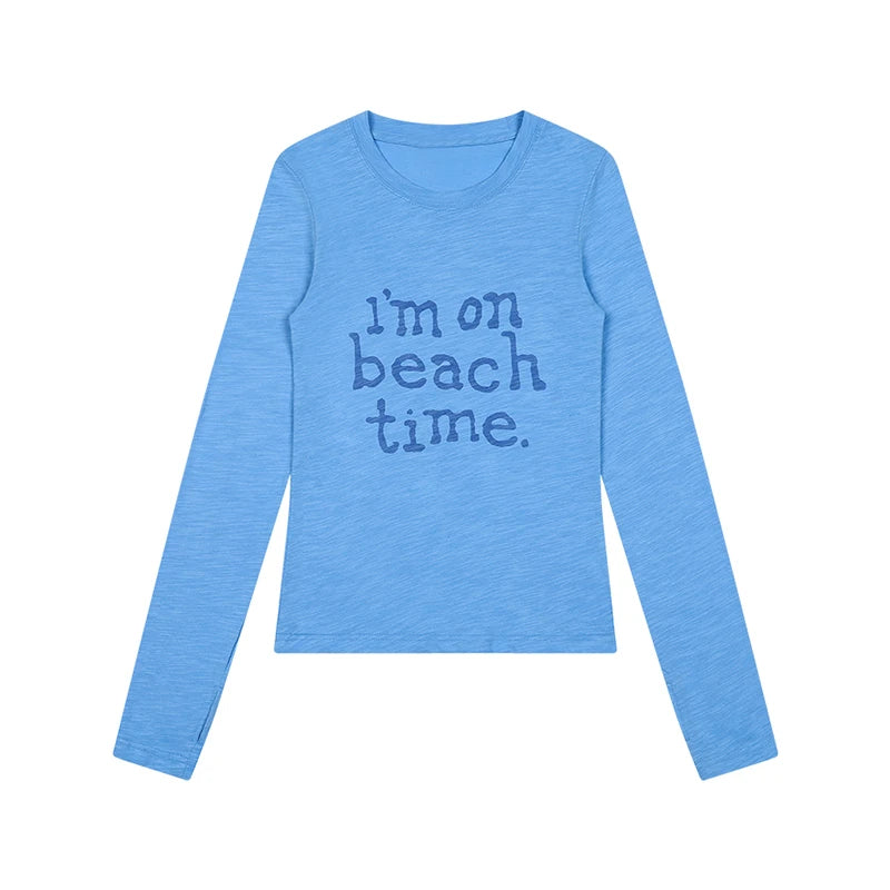 Cathy Dollette Harajuku Print Letter Long Sleeve Blue Tee Top Grunge Top2000s Japanese Streetwear Tshirt