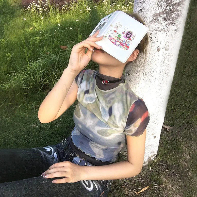 Cathy Dollette Trashy Crop Top Japanese 2000s Style Mesh TopGrunge s Short Sleeve Tie-dye Vintage Harajuku Tee