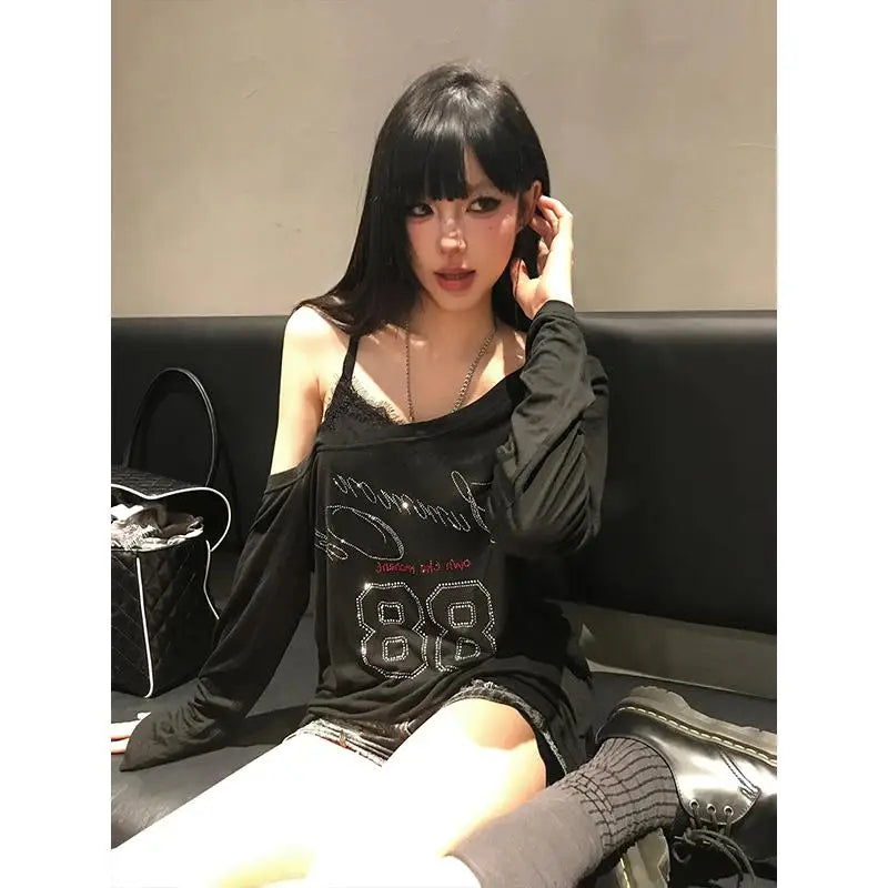 Cathy Dollette Gothic Black Graphic T Shirts Long Sleeve 2000s Clothes Autumn TopYouthful Woman Clothes Tees Female Clothing Chic