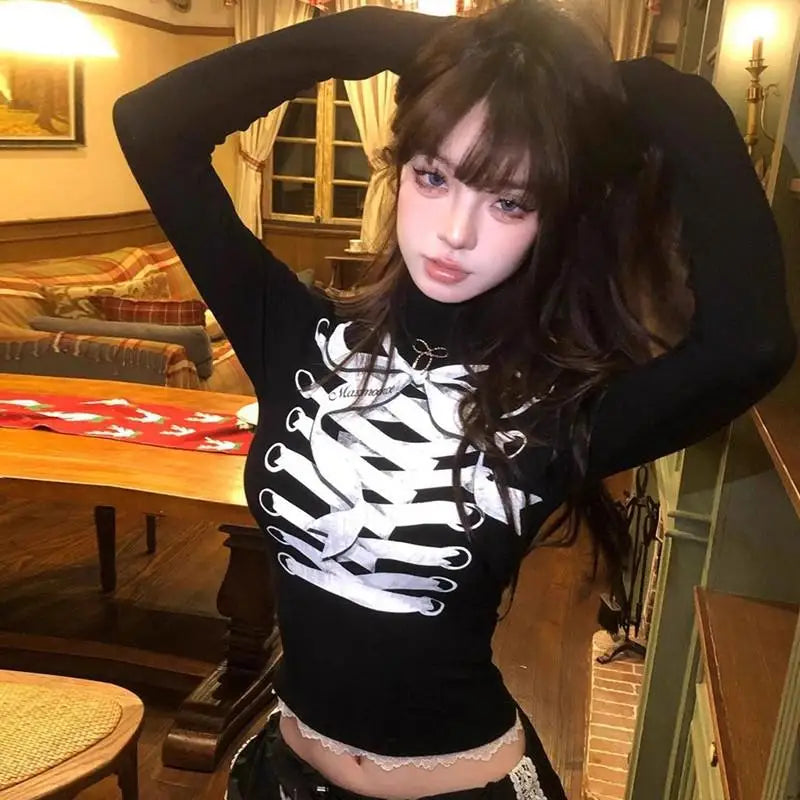 Cathy Dollette Harajuku Print T Shirt Skinny Turtleneck Crop TopLace Aesthethic Vintage Tshirts Streetwear Grunge Tops