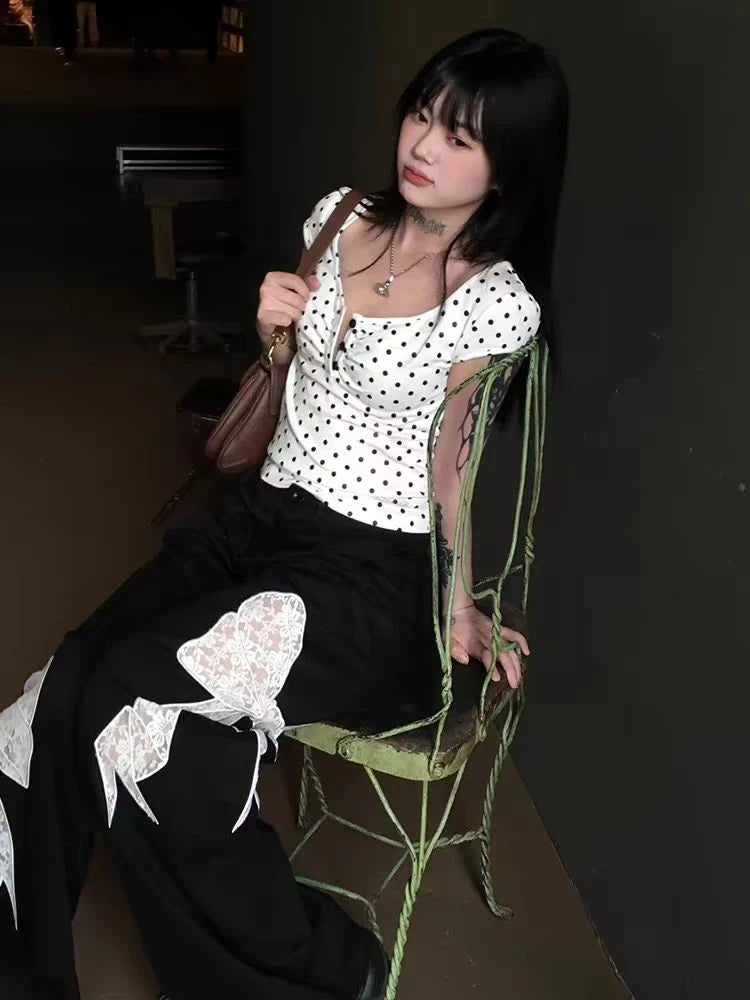Cathy Dollette Polka Dot Short Sleeve T Shirt Hotsweet 2000s Clothes Korean Fashion Tees Female Clothing Slim Summer Tops