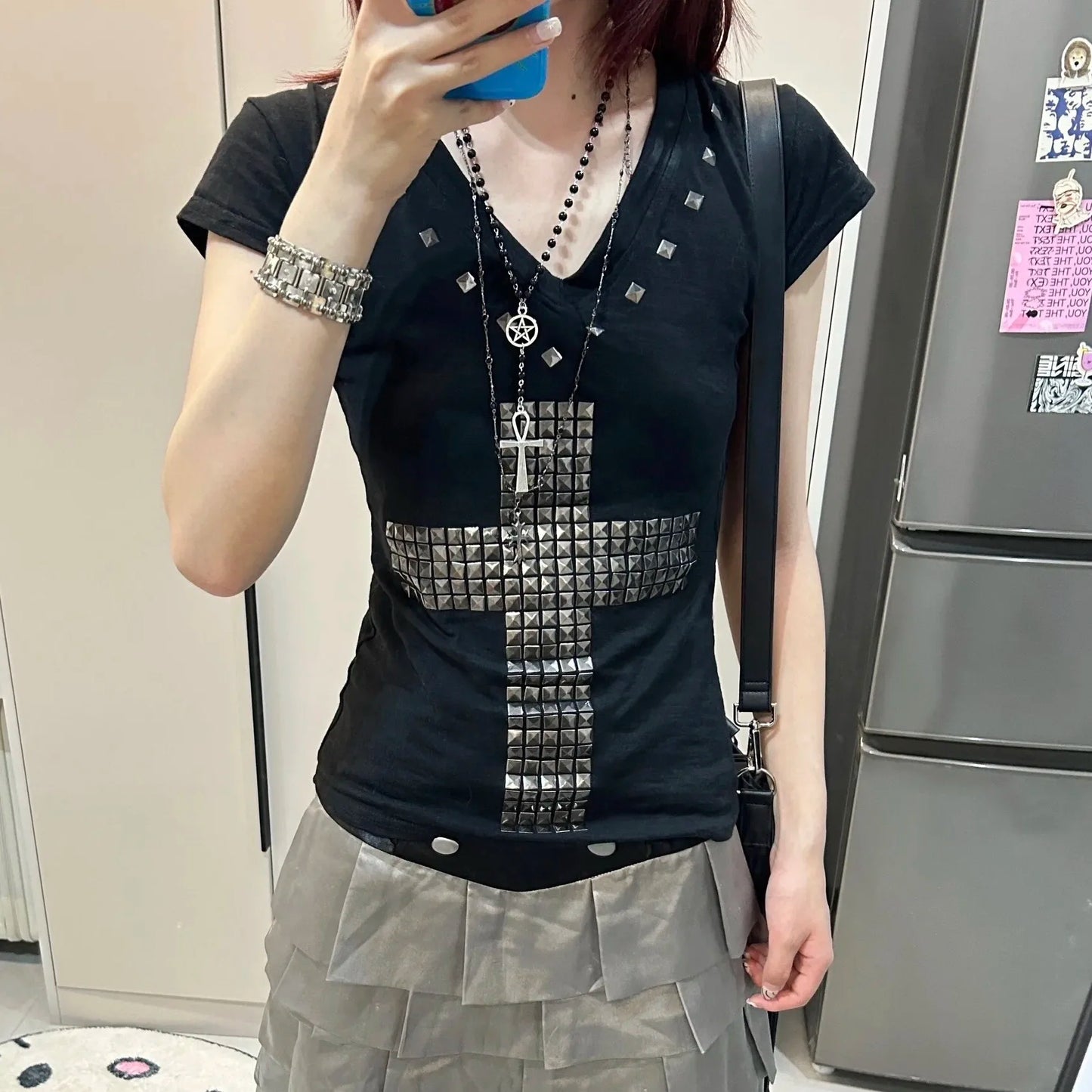 Cathy Dollette Japanese Metal Cross Print Vintage Harajuku Short Sleeve Sheer TopTrashy 2000s V-neck Streetwear Grunge