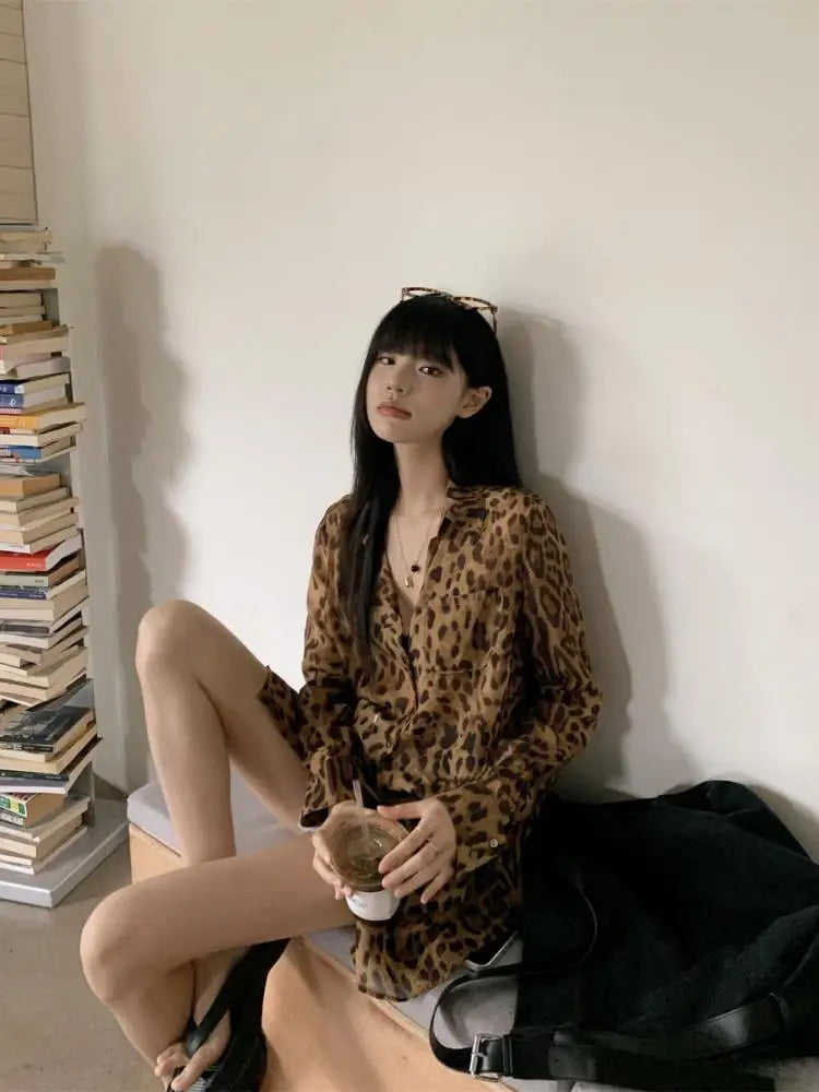 Cathy Dollette Hotsweet Leopard Chiffon Shirt Button Up Single Breasted Long Sleeve Autumn Top2000s Shirts And Blouses Chic