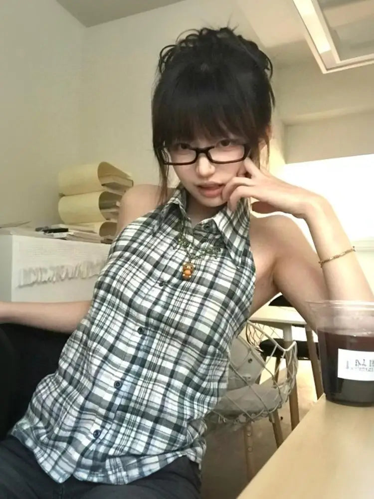 Cathy Dollette Japanese 2000s Plaid Tank Top Turn Down Collar Vintage Top American Retro Tanks E-girls Summer