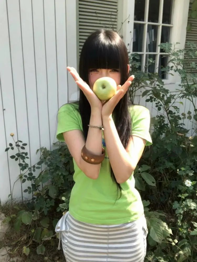 Cathy Dollette Hotsweet Green Woman Clothing Short Sleeve Korean Fashion Summer Top2000s Clothes Tees Female Clothing