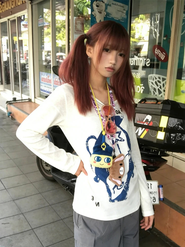 Cathy Dollette Japanese 2000s Print Graphic TopLong Sleeve Vintage Tshirts Casual Loose Tee TopE-girls American Retro