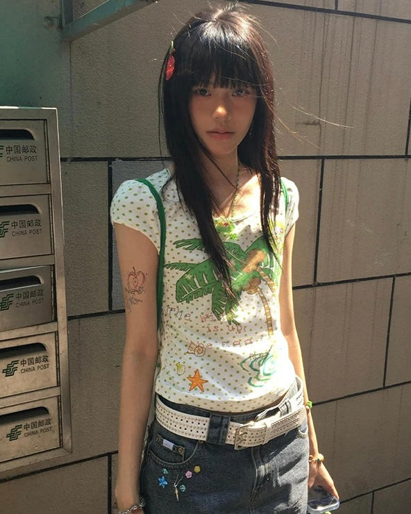 Cathy Dollette Print Short Sleeve Graphic Crop Top