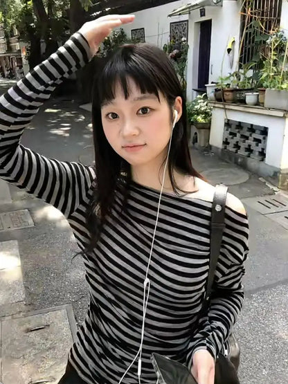 Cathy Dollette  2000s   Long Sleeve Striped Casual Tshirts Off Shoulder Korean Style Fairycore  Tee Tops