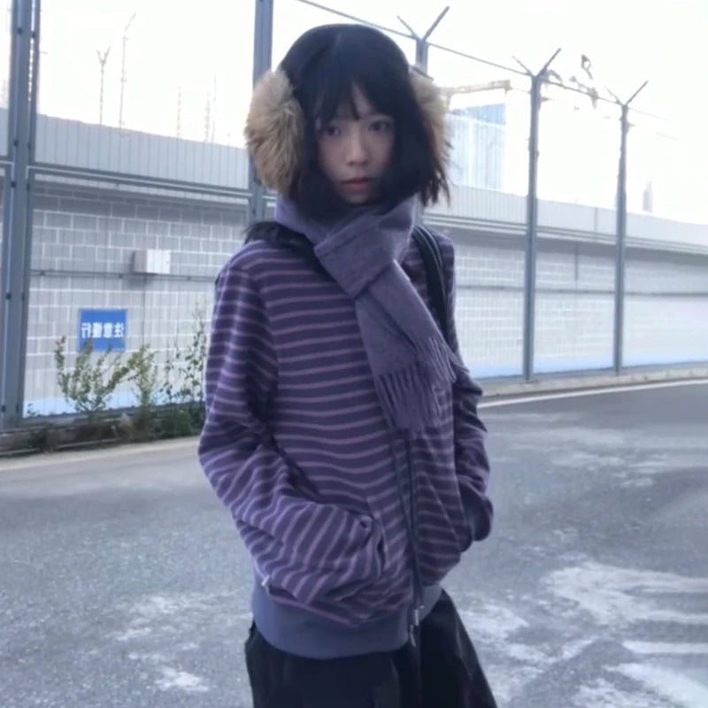 Cathy Dollette Japanese  Purple Striped Cardigan 2000s Style Turtleneck Knitted Jacket Vintage Harajuku Zipper Knitwear Korean 90s
