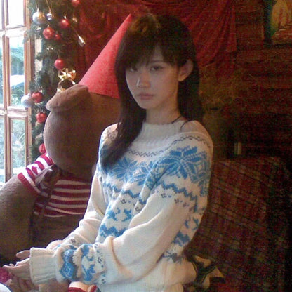 Cathy Dollette Japanese  Jacquard Sweater Vintage Harajuku Off Shoulder Knitted Pullover Korean 2000s Style Knitwear Christmas Retro