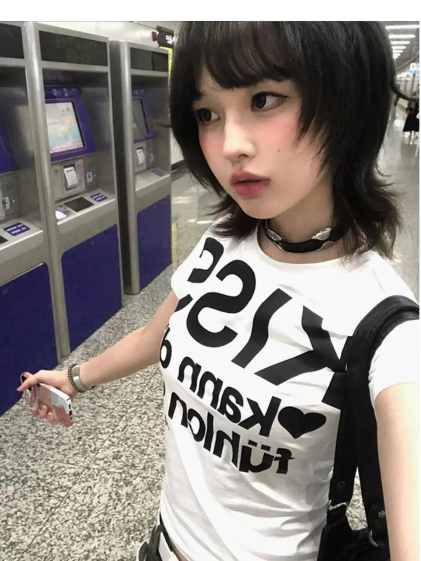 Cathy Dollette  Print Letter T Shirt  Skinny Short Sleeve Japanese 2000s Crop TopGrunge TopAmerican Retro Tshirts