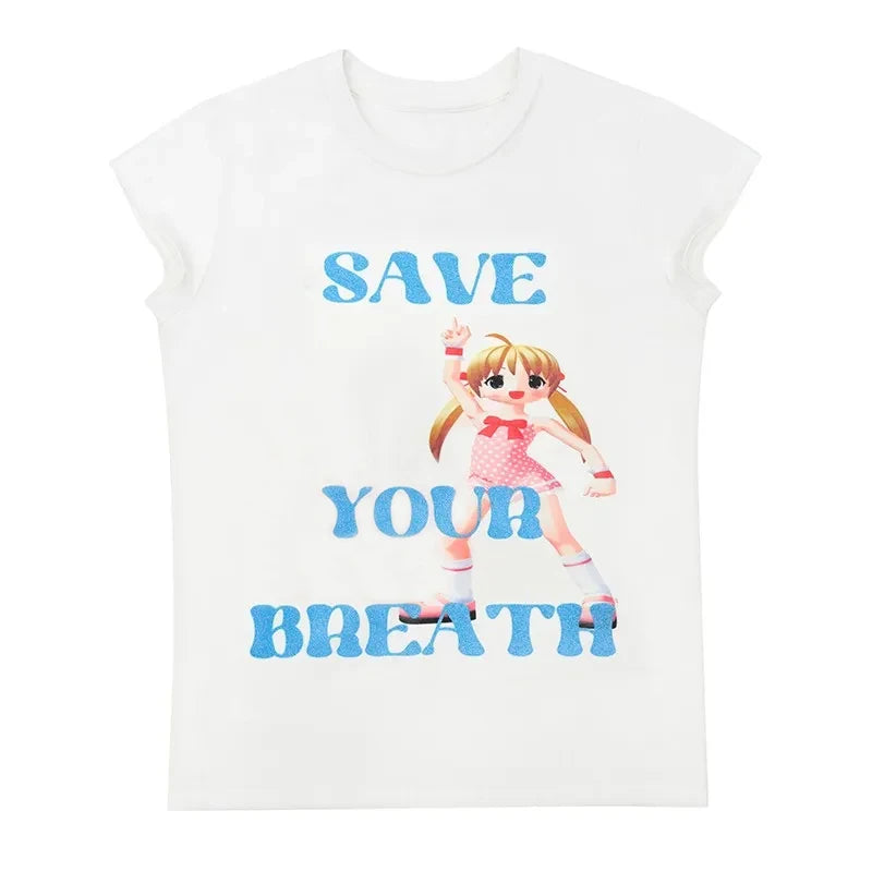 Cathy Dollette Japanese  Letter Print  2000s s Anime Crop Top Vintage Harajuku Short Sleeve Tee Shirt Kawaii Lolita