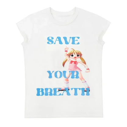 Cathy Dollette Japanese  Letter Print  2000s s Anime Crop Top Vintage Harajuku Short Sleeve Tee Shirt Kawaii Lolita