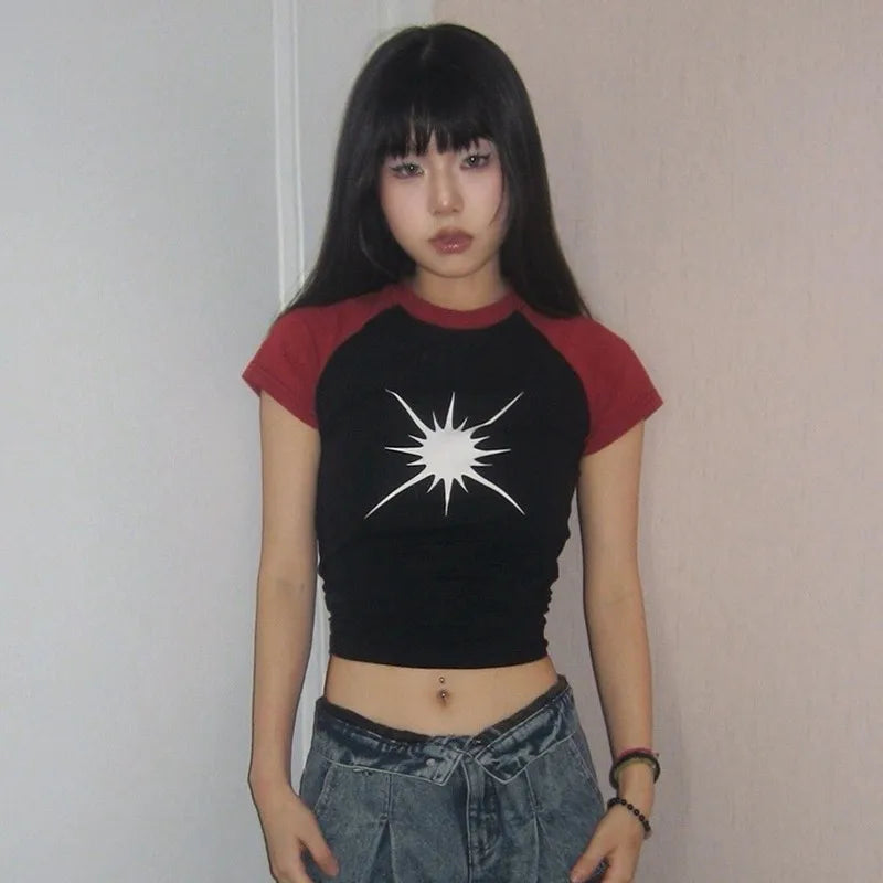 Cathy Dollette Japanese  Patchwork  Vintage Harajuku Short Sleeve Tee Shirt Trashy 2000s Style Crop Top American Retro 90s