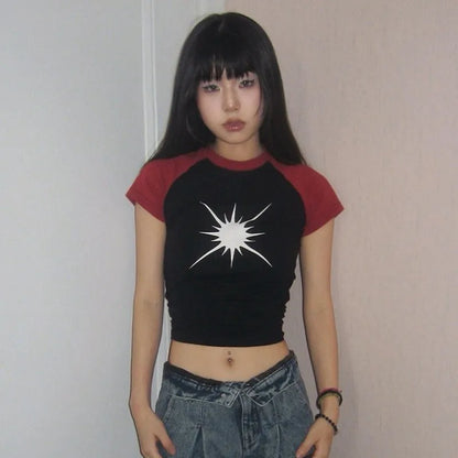 Cathy Dollette Japanese  Patchwork  Vintage Harajuku Short Sleeve Tee Shirt Trashy 2000s Style Crop Top American Retro 90s