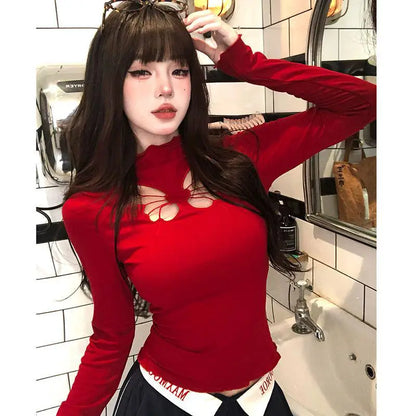 Cathy Dollette Hollow Out T Shirt  Clothes Long Sleeve Japan Style Slim 2000s Clothes  Tees Female Clothing Autumn TopChic