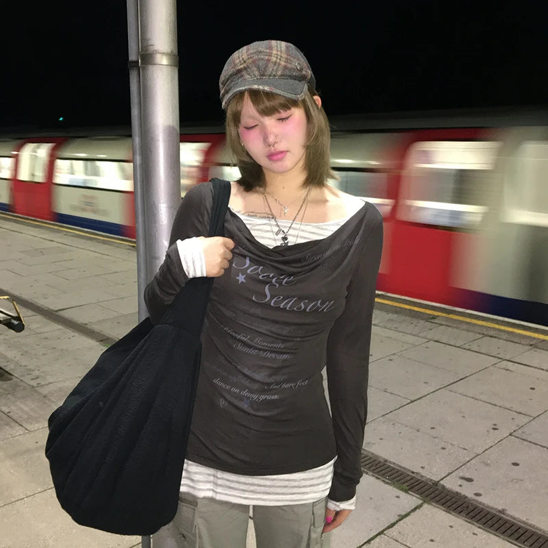 Cathy Dollette Japanese  Fake Two-piece Top2000s Style Letter Print Long Sleeve  Vintage Harajuku Patchwork TopKorean 90s