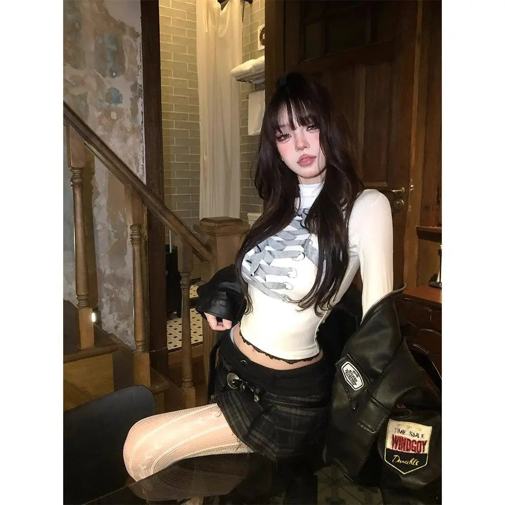 Cathy Dollette Harajuku Print T Shirt  Skinny Turtleneck Crop TopLace  Aesthethic Vintage Tshirts Streetwear Grunge Tops