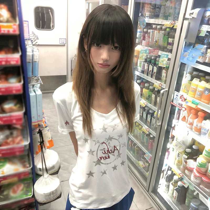 Cathy Dollette Japanese  Letter Print  2000s Style V-neck Tee Shirt  Vintage Harajuku Short Sleeve T Shirt American Retro 90s