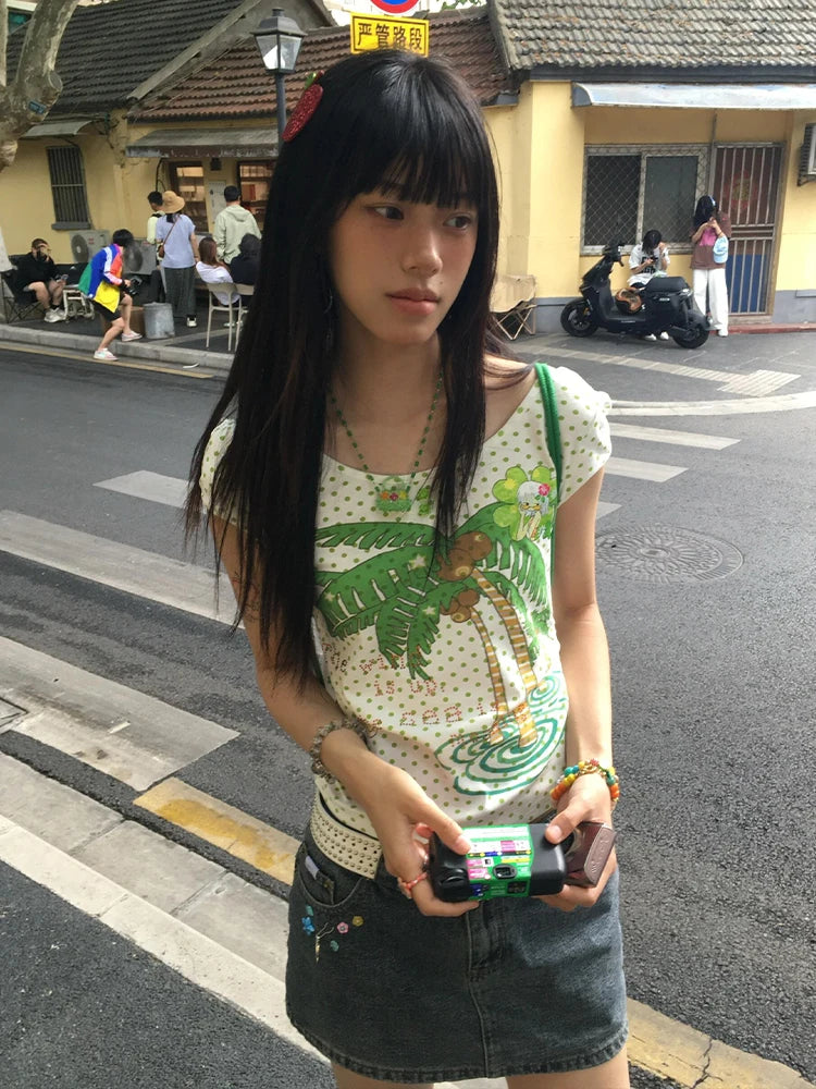 Cathy Dollette Print Short Sleeve Graphic Crop Top
