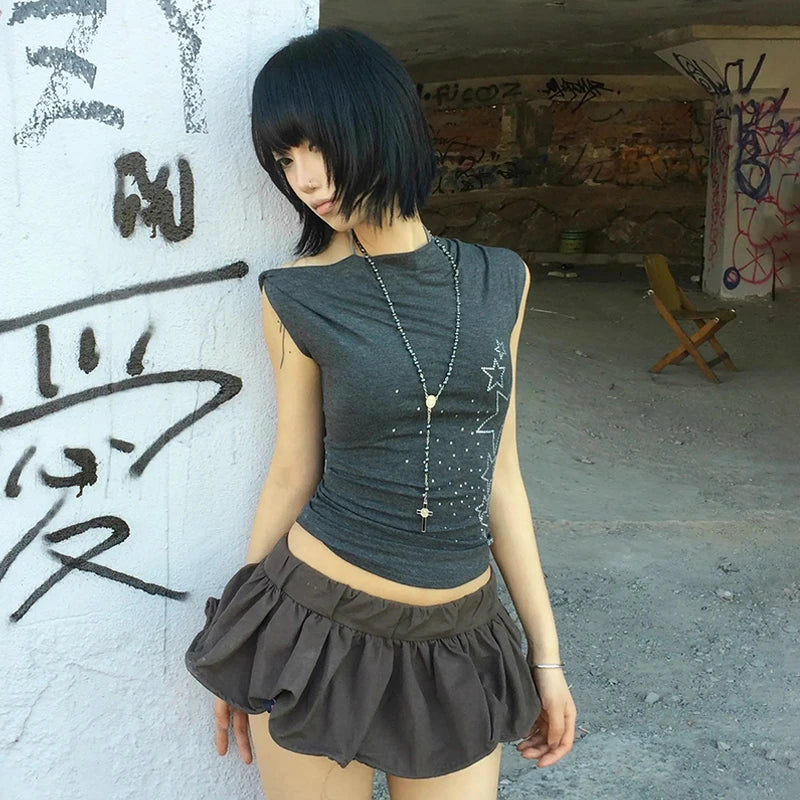 Cathy Dollette Japanese  Off Shoulder  Trashy 2000s Style Rhinestones Sleeveless Top Vintage Harajuku Crop Top American Retro
