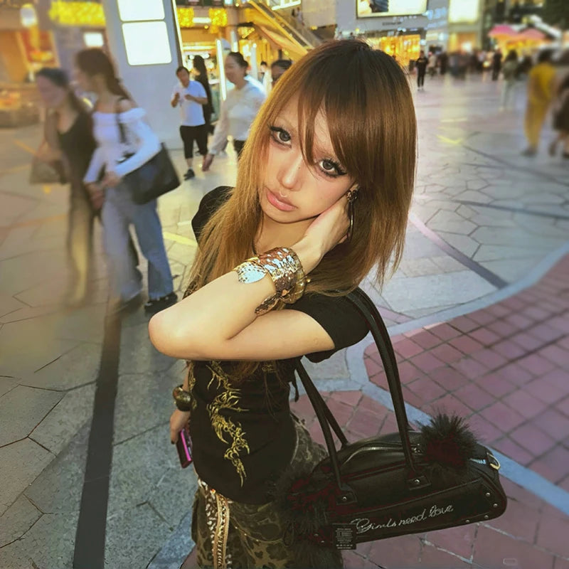 Cathy Dollette Grunge s Tattoo Print  Japanese  V-neck TopTrashy 2000s Style Short Sleeve Tee Shirt American Retro