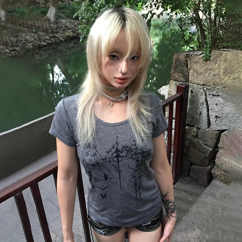 Cathy Dollette Japanese  Anime Tattoo Print  Trashy 2000s Style Short Sleeve T Shirt Vintage Harajuku Streetwear Grunge Retro