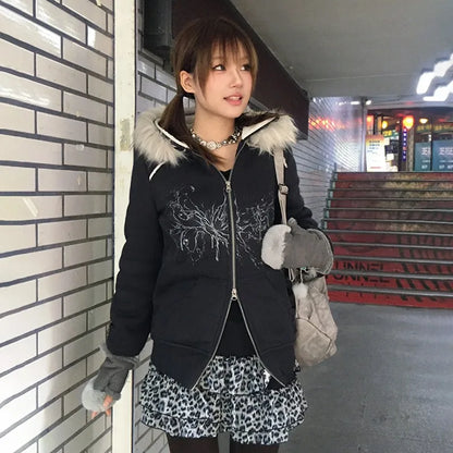 Cathy Dollette Japanese  Fur Hooded Coat Grunge s Tattoo Print Jacket Vintage Harajuku Double Zipper Outerwear Trashy 2000s