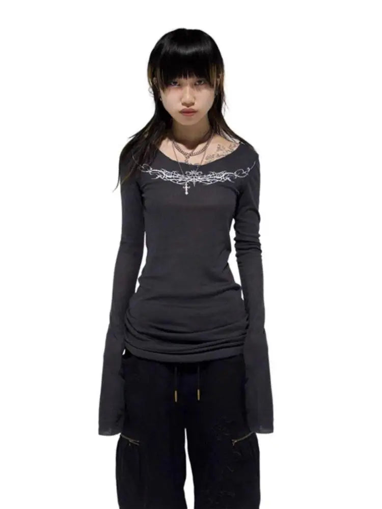 Cathy Dollette Gothic Graphic T Shirts  Long Sleeve Korean Fashion 2000s Clothes  Slim Spring Autumn TopTees Female Clothing