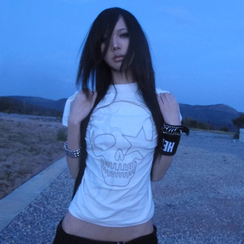 Cathy Dollette Grunge s Skull Print  Trashy 2000s Style Short Sleeve Tee Shirt Japanese  Streetwear Gothic Vintage