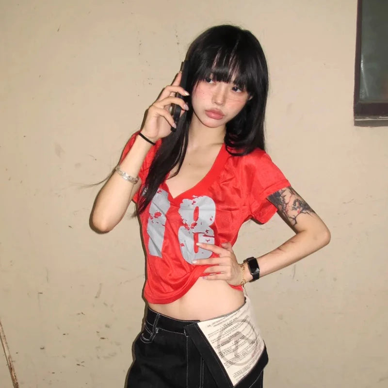 Cathy Dollette  Vintage   Short Slevee Print Graphic Top Japanese 2000s Tee TopCasual V Neck Tshirts