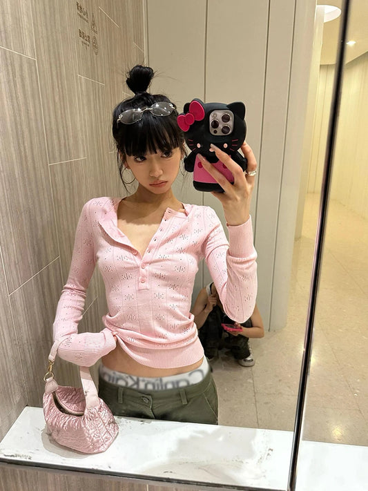 Cathy Dollette Korean Style Sweater  Hollow Out Pink Knit Pullovers  Fairycore Vintage TopE-girls Streetwear Sweaters 2000s