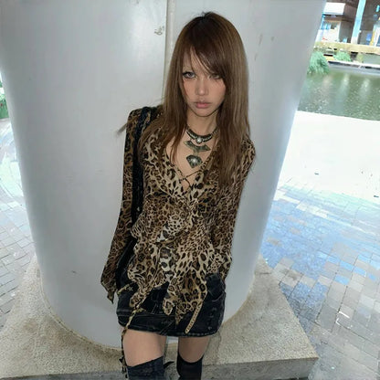 Cathy Dollette Japanese  Leopard Print Shirt Vintage Harajuku Ruffled Blouses Grunge s V-neck Irregular Shirt Trashy 90s
