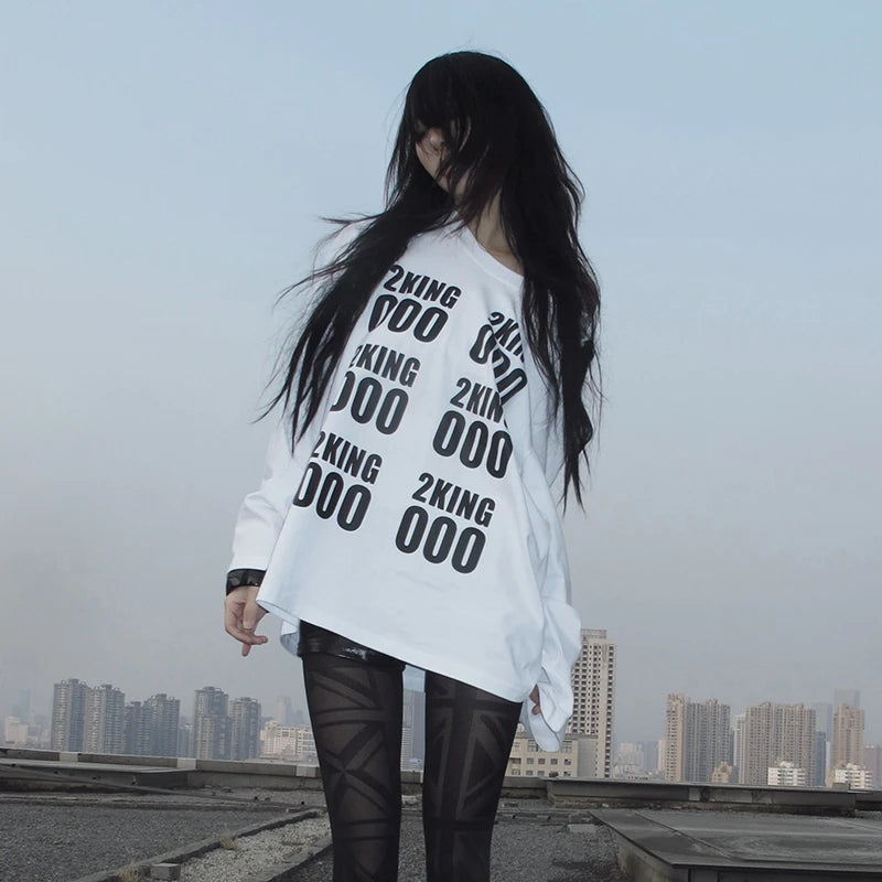 Cathy Dollette Grunge s Letter Print  Trashy 2000s Style Long Sleeve T Shirt Japanese  White Loose TopAmerican 90s
