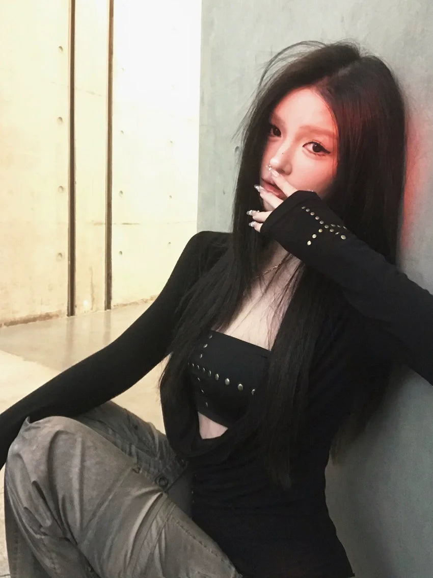 Cathy Dollette  Punk Two Pieces TopIrreugal Rivet Top+ Sleeveless Tank Streetwear Americal Retro 90s Black Tee TopE-girls