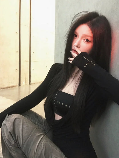 Cathy Dollette  Punk Two Pieces TopIrreugal Rivet Top+ Sleeveless Tank Streetwear Americal Retro 90s Black Tee TopE-girls