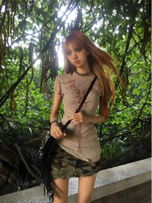 Cathy Dollette Gothic Back Graphic T Shirts Short Sleeve 2000s Clothes  Print Slim Goth Summer TopTees Female Clothing