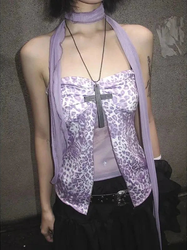 Cathy Dollette Spic Girl Purple Leopard Off Shoulder Top