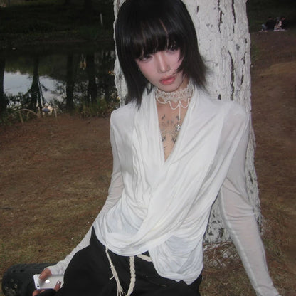 Cathy Dollette Japanese  Cross TopTrashy 2000s Style V-neck Long Sleeve  Vintage Harajuku White Irregular TopAmerican 90s