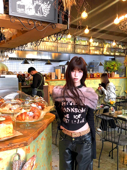 Cathy Dollette Graphic T Shirts 2000s Clothes  Korean Fashion Hotsweet Off Shoulder Goth Tees Female Skinny Long Sleeve Autumn Tops