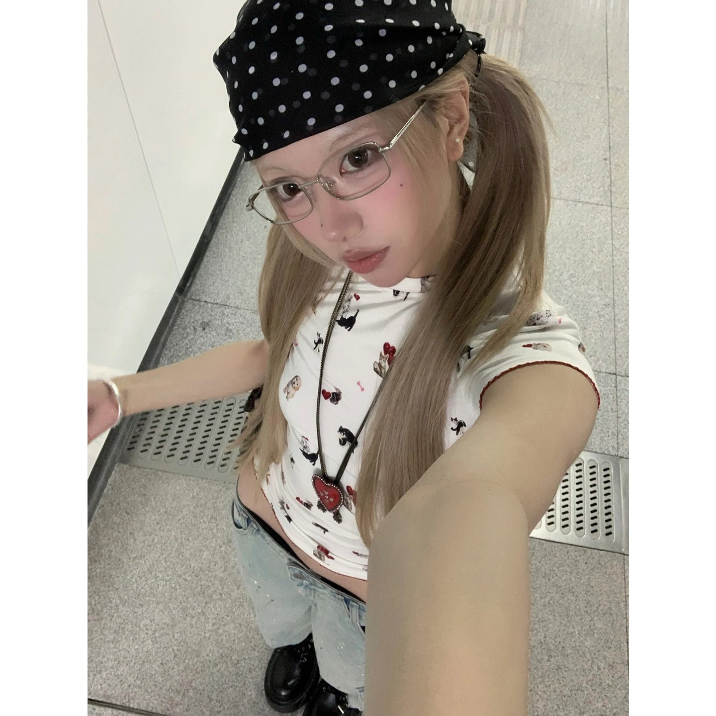 Cathy Dollette Harajuku Print T Shirt  Short Sleeve Cartoon  Vintage Crop Top 2000s Japanese Grunge TopTee